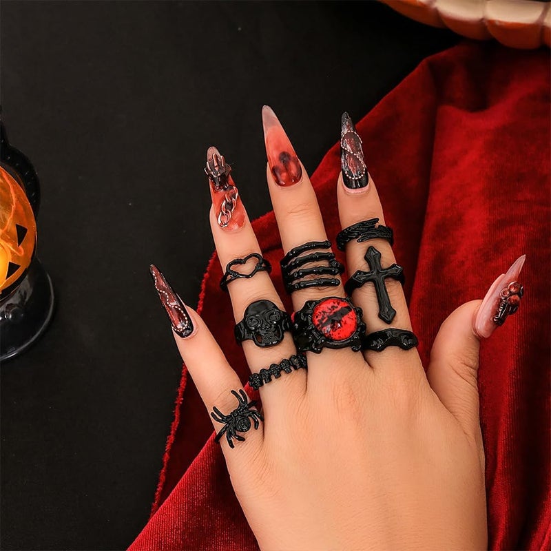 CSIYANJRY99 Black Knuckle Rings Set for Women Vintage Stackable Midi Rings Boho Crystal Pearl Sea Wave Finger Ring Pack - Image 2